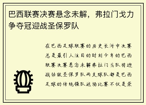 巴西联赛决赛悬念未解，弗拉门戈力争夺冠迎战圣保罗队